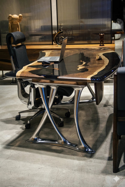 Luxury D-Shaped Walnut & Epoxy Executive Desk Gizz