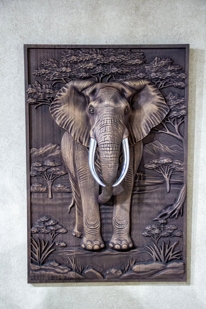 Majestic African Elephant 3D Relief Wood Wall Art Gizz