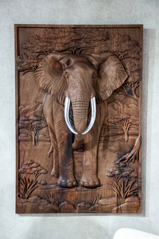 Majestic African Elephant 3D Relief Wood Wall Art Gizz