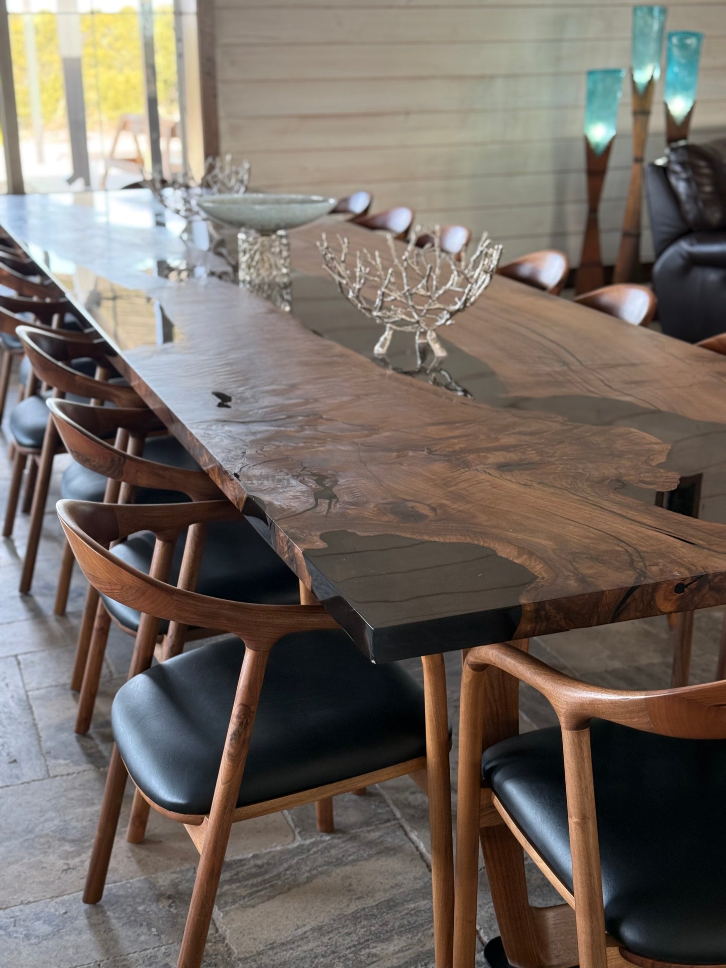 Epoxy Resin River Dining Table Featured Walnut Wood Leg