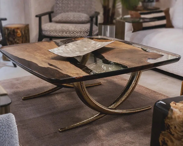 Luxurious Ivory Shaped Epoxy Resin Dining Room Coffee Table made of solid walnut