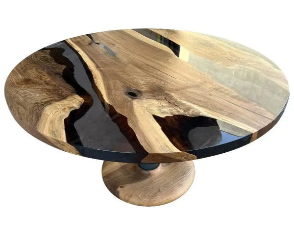 Round Epoxy Resin Walnut Dining - Kitchen Table With Wood Base