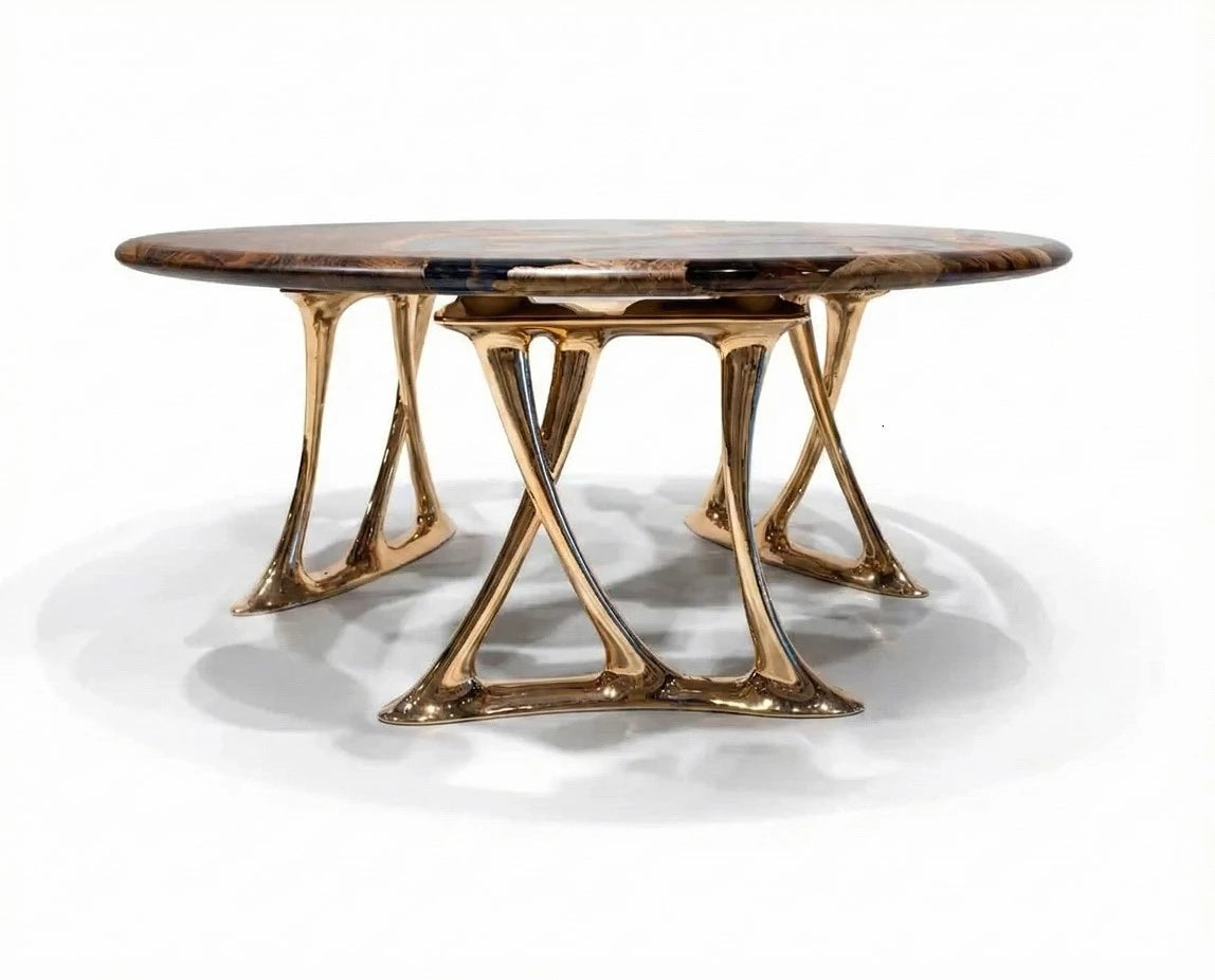 Luxury Round Walnut Dining Table with Rose Gold Aluminum Legs Gizz