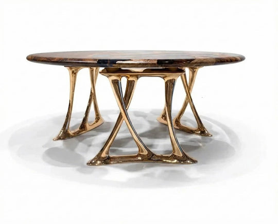 Luxury Round Walnut Dining Table with Rose Gold Aluminum Legs Gizz