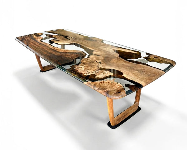 Wooden table with glass top on a white background