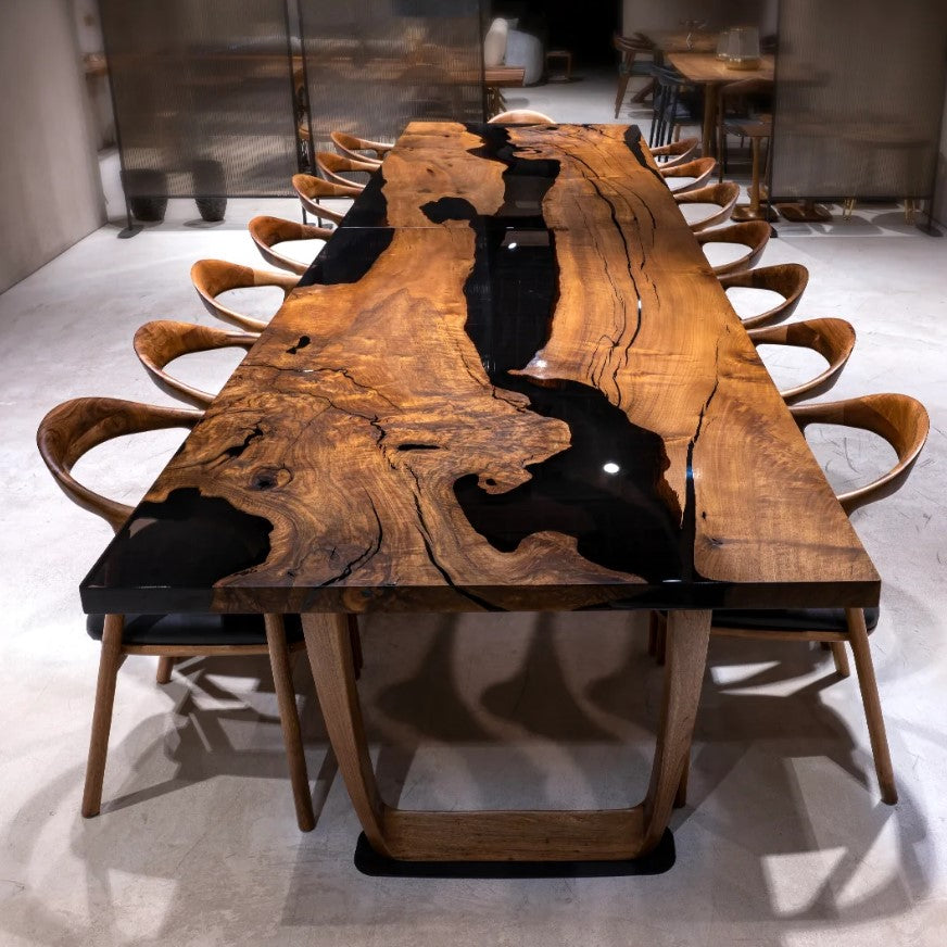 beatiful walnut wood and smoked resin extra large dining table