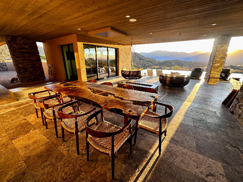 Smoked Epoxy Resin River Dining Table with  Walnut Wood Leg with chairs