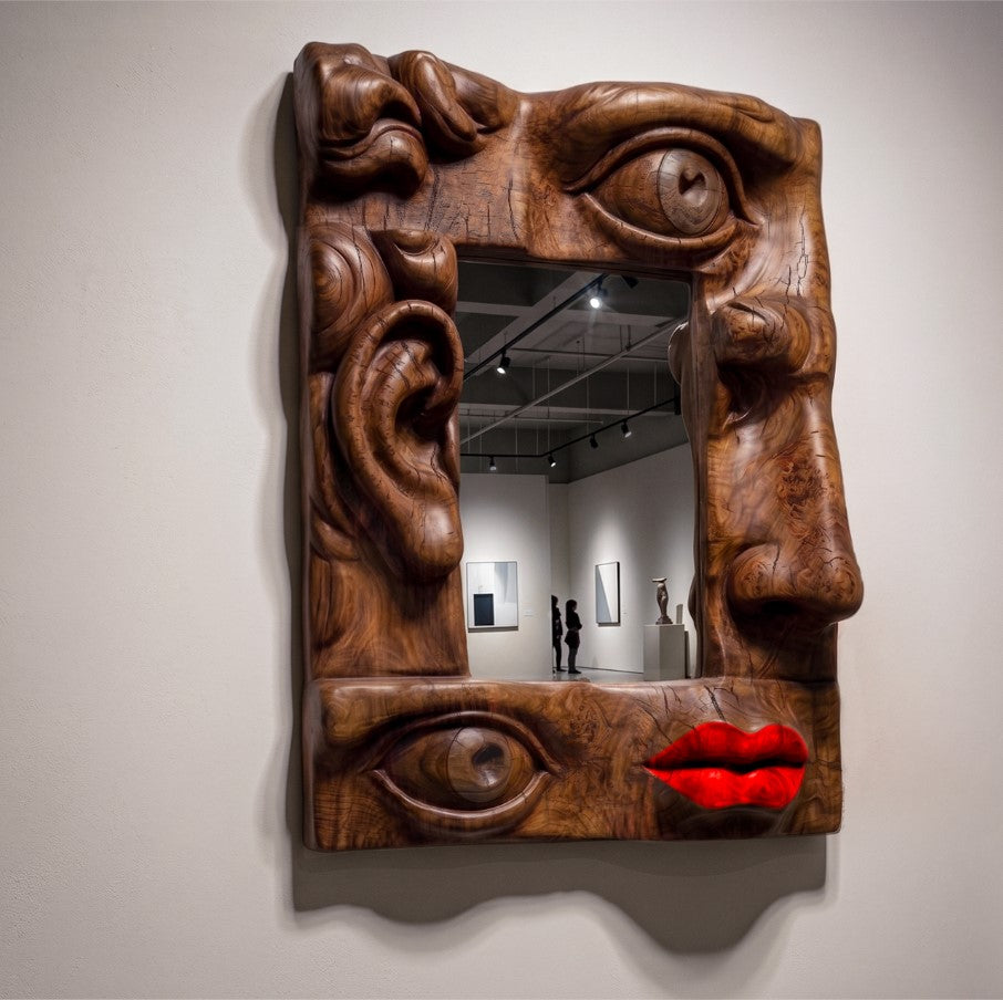 Modern Wooden Face Mirror – Handcrafted Sculptural Wall Art Mirror Gizz