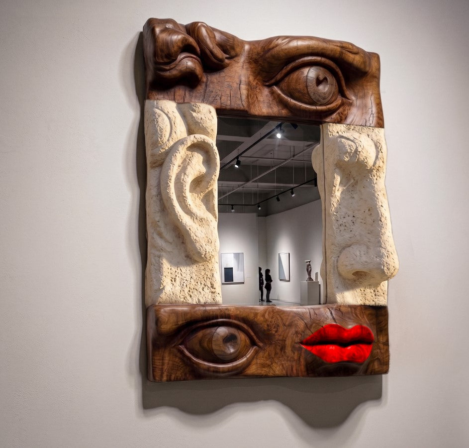 Modern Wooden Face Mirror – Handcrafted Sculptural Wall Art Mirror Gizz