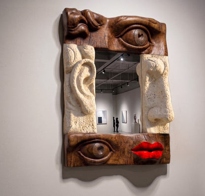 Modern Wooden Face Mirror – Handcrafted Sculptural Wall Art Mirror Gizz
