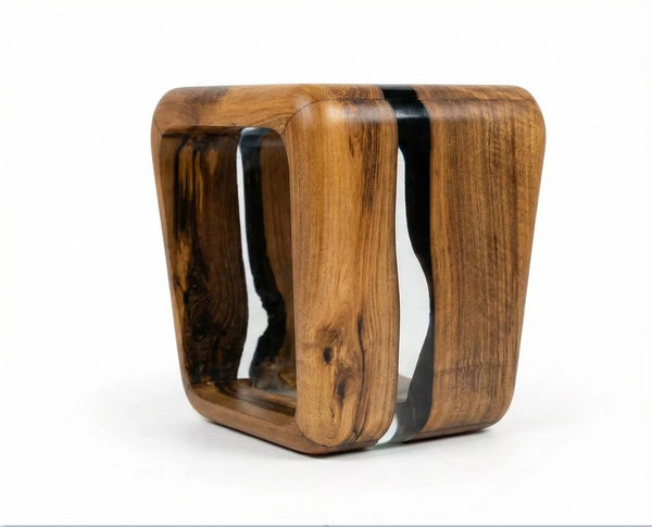 Wooden stool with a unique design on a white background