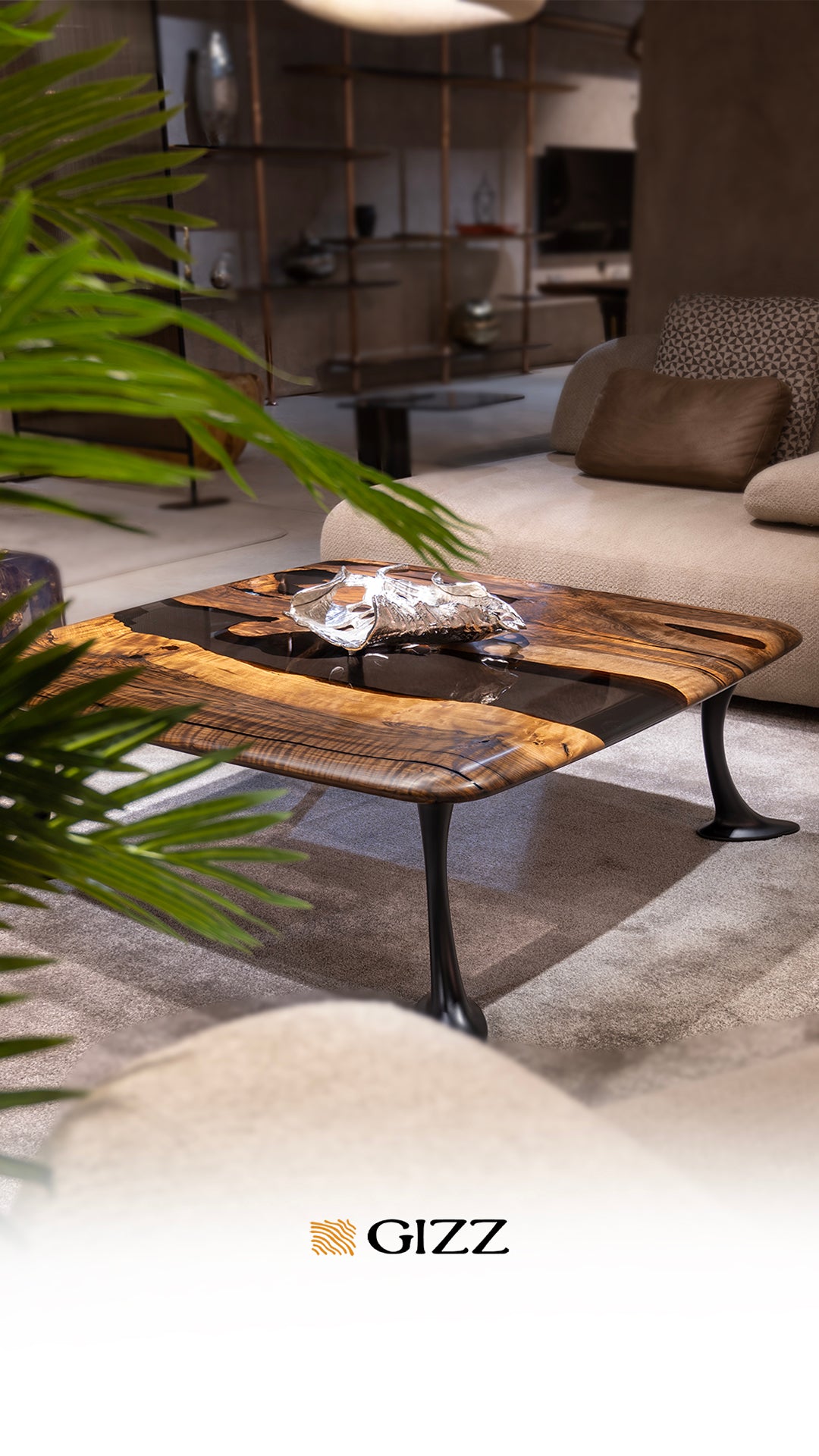aluminum legs of the Luxury Smoked Epoxy Resin River Walnut Coffee Table