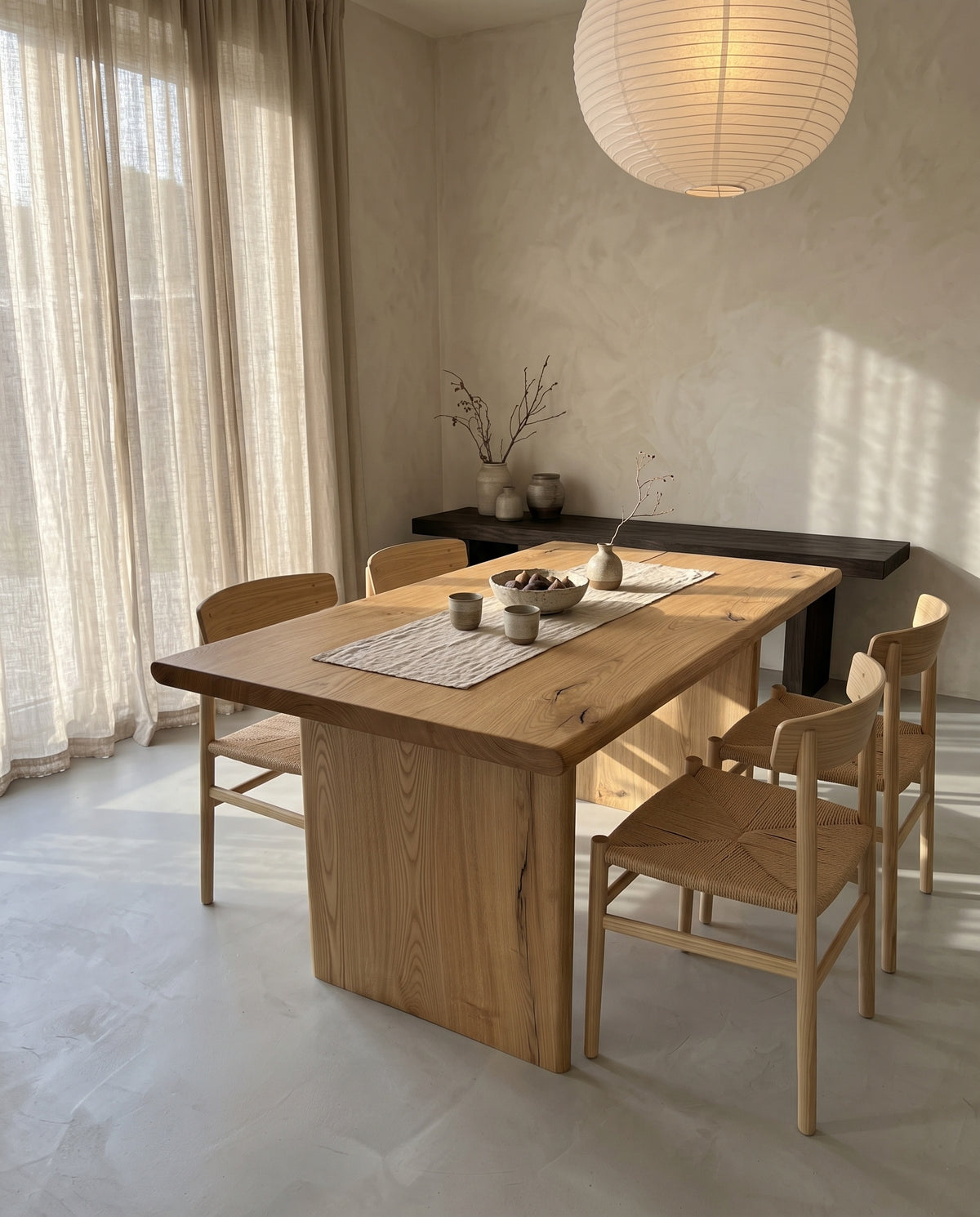Minimal solid chestnut dining table with slab legs in a wabi-sabi Japandi dining room