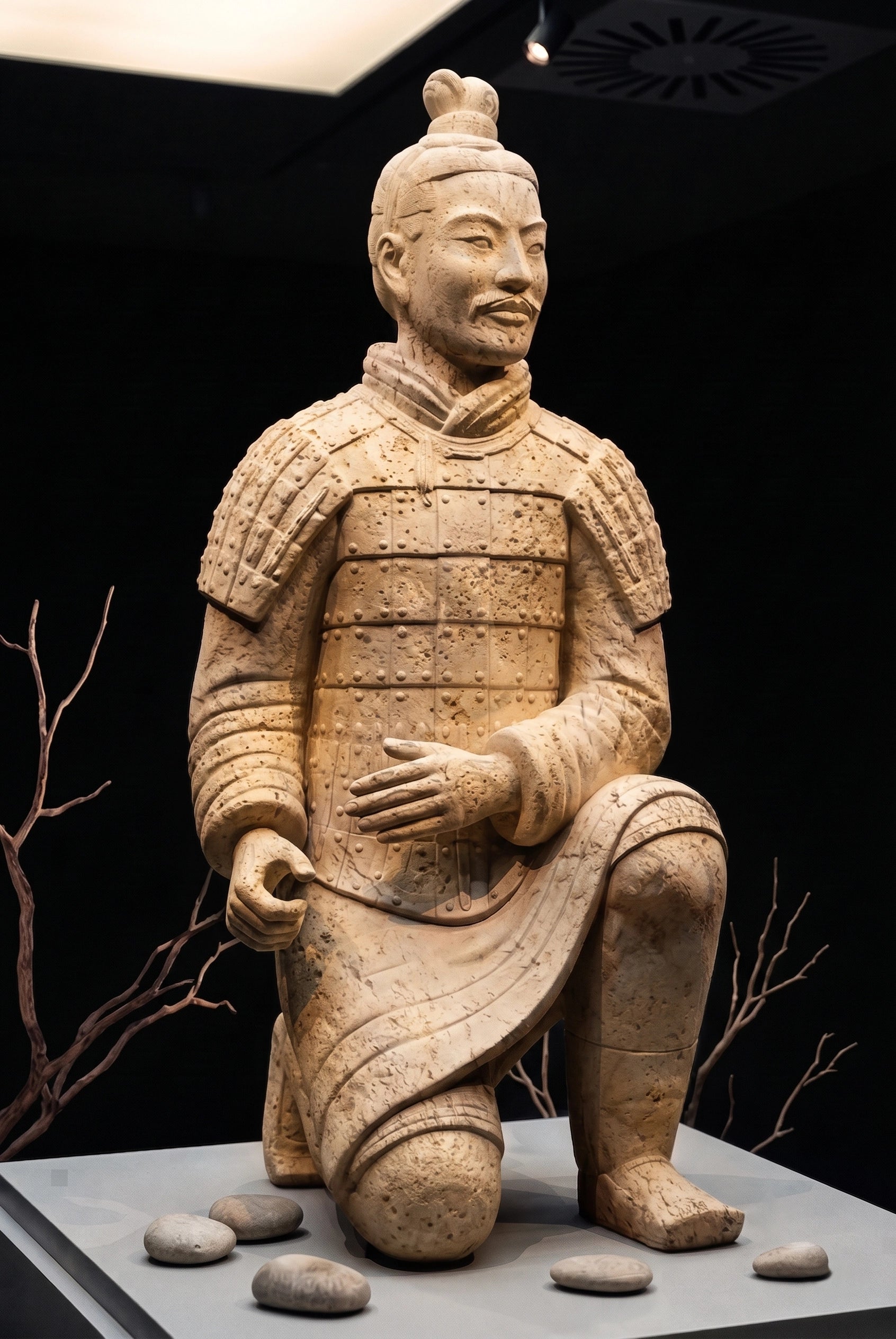 Terracotta warrior sculpture on a dark background