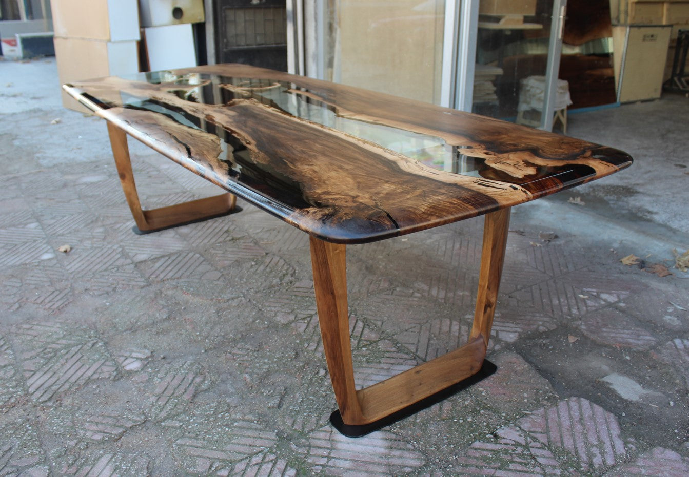 clear Epoxy Resin River Dining Table with  Walnut Wood Leg with chairs in arizona