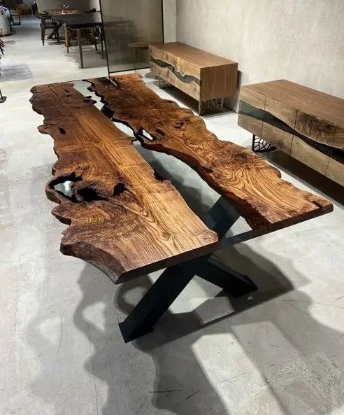 clear epoxy chestnut dining room table with black legs