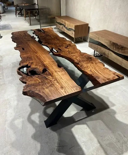 clear epoxy chestnut dining room table with black legs