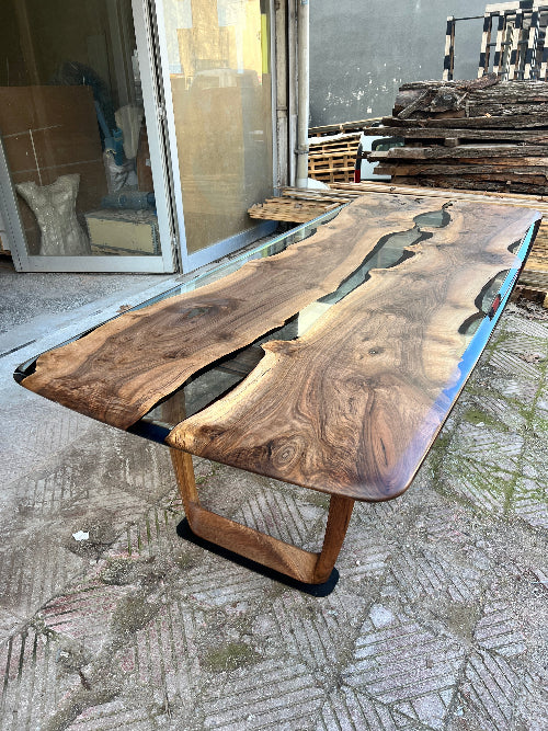 clear resin walnut dining table with brown walnut leg