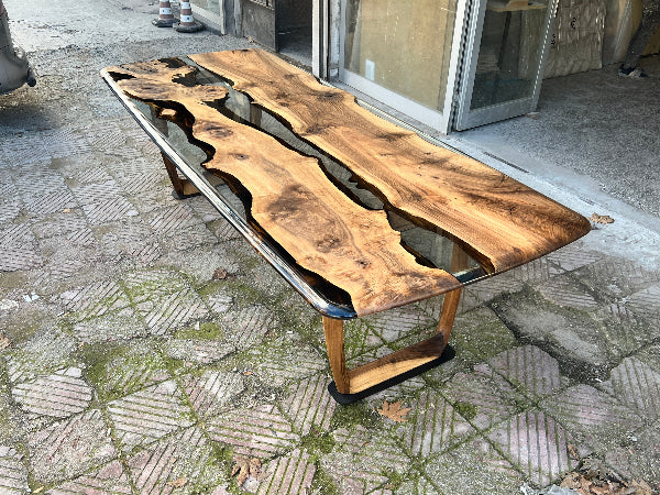 clear resin walnut dining table with walnut leg