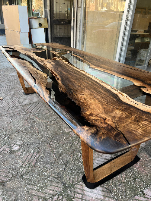 clear resin walnut dining table with wooden leg
