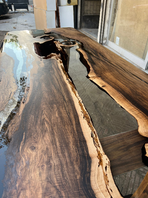 clear resin walnut dining table with wooden leg detailed look
