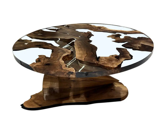 epoxy round table with walnut vortex base