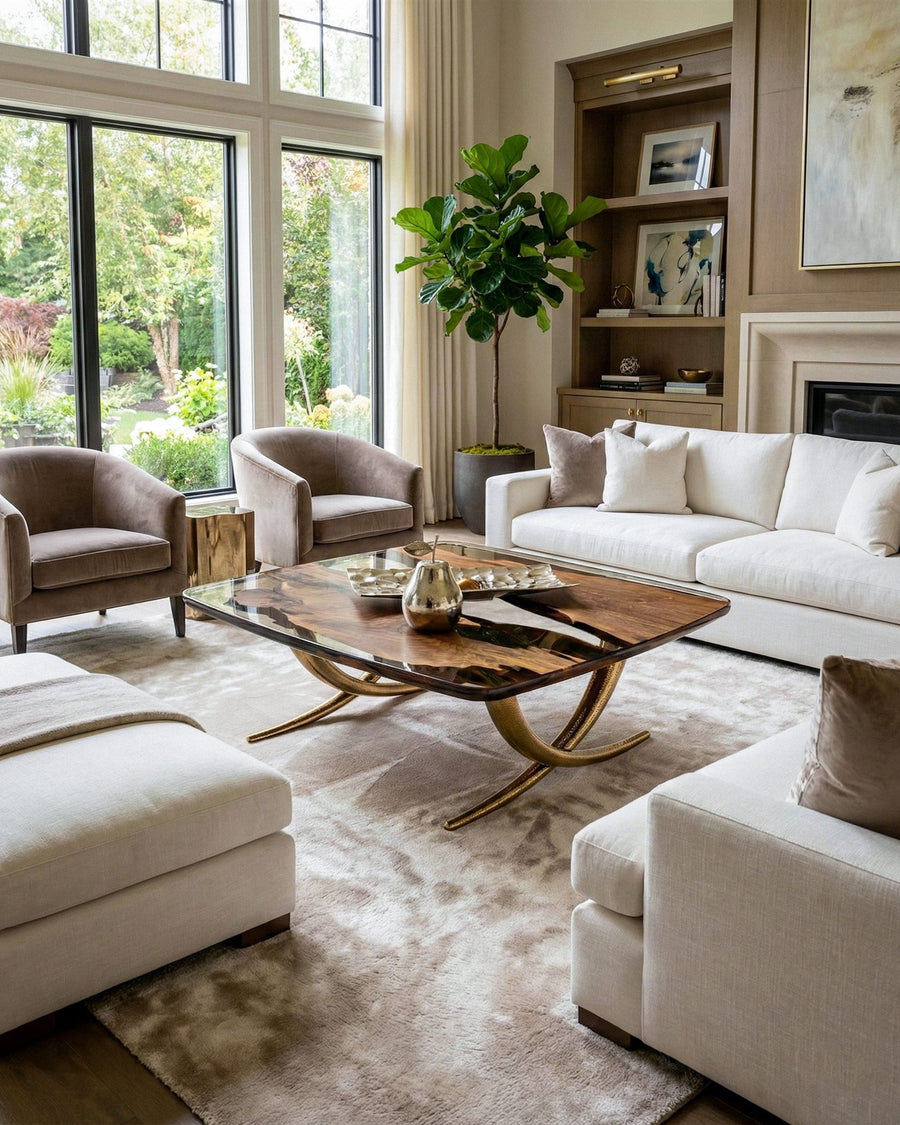 Walnut and resin coffee table with brass legs in a bright living room