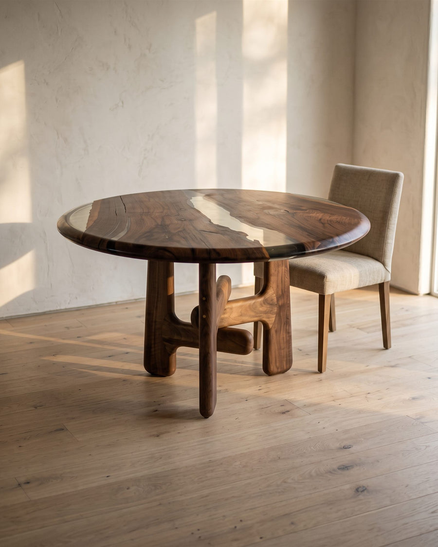 Round walnut and epoxy resin dining table in a sunlit plaster-walled room