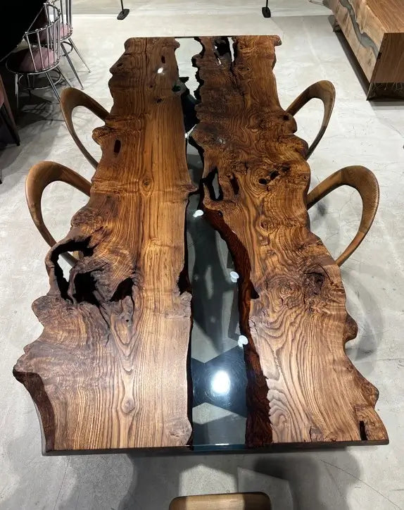 handcrafted live edge clear epoxy river dining table