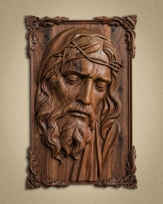 Hand-Carved Walnut Wood Jesus Relief Sculpture - 47" x 30" Gizz