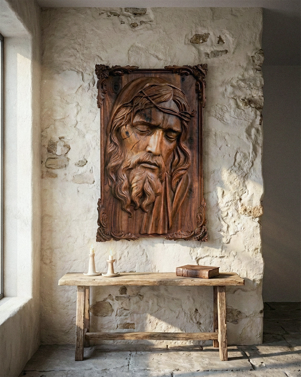 Hand-Carved Walnut Wood Jesus Relief Sculpture - 47" x 30" Gizz