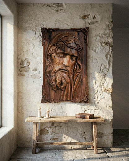 Hand-Carved Walnut Wood Jesus Relief Sculpture - 47" x 30" Gizz