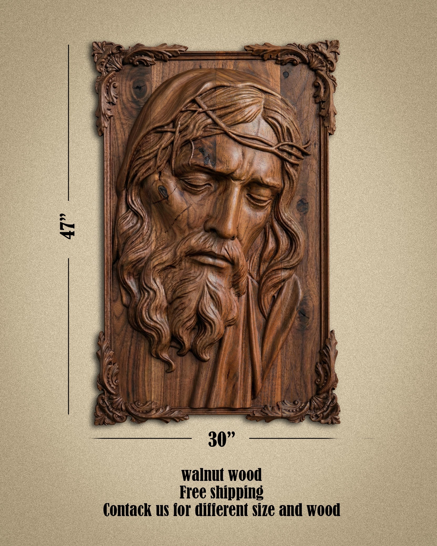 Hand-Carved Walnut Wood Jesus Relief Sculpture - 47" x 30" Gizz