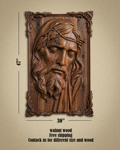 Hand-Carved Walnut Wood Jesus Relief Sculpture - 47" x 30" Gizz