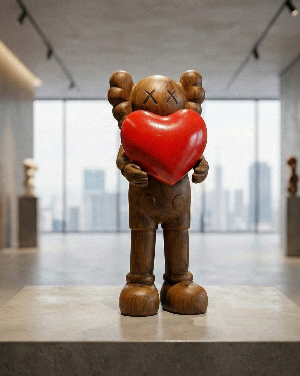 Wooden Art Figure with Red Heart | Handcrafted Walnut, Oak