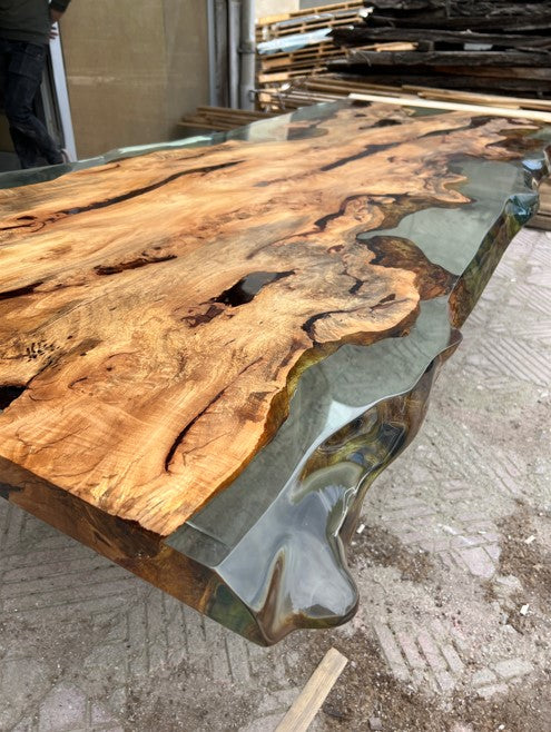 linden wood resin side table detailed look