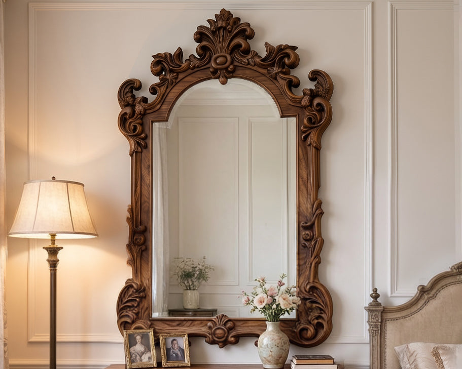 Large Ornate Wooden Wall Mirror – French Baroque Style Vanity Mirror Gizz