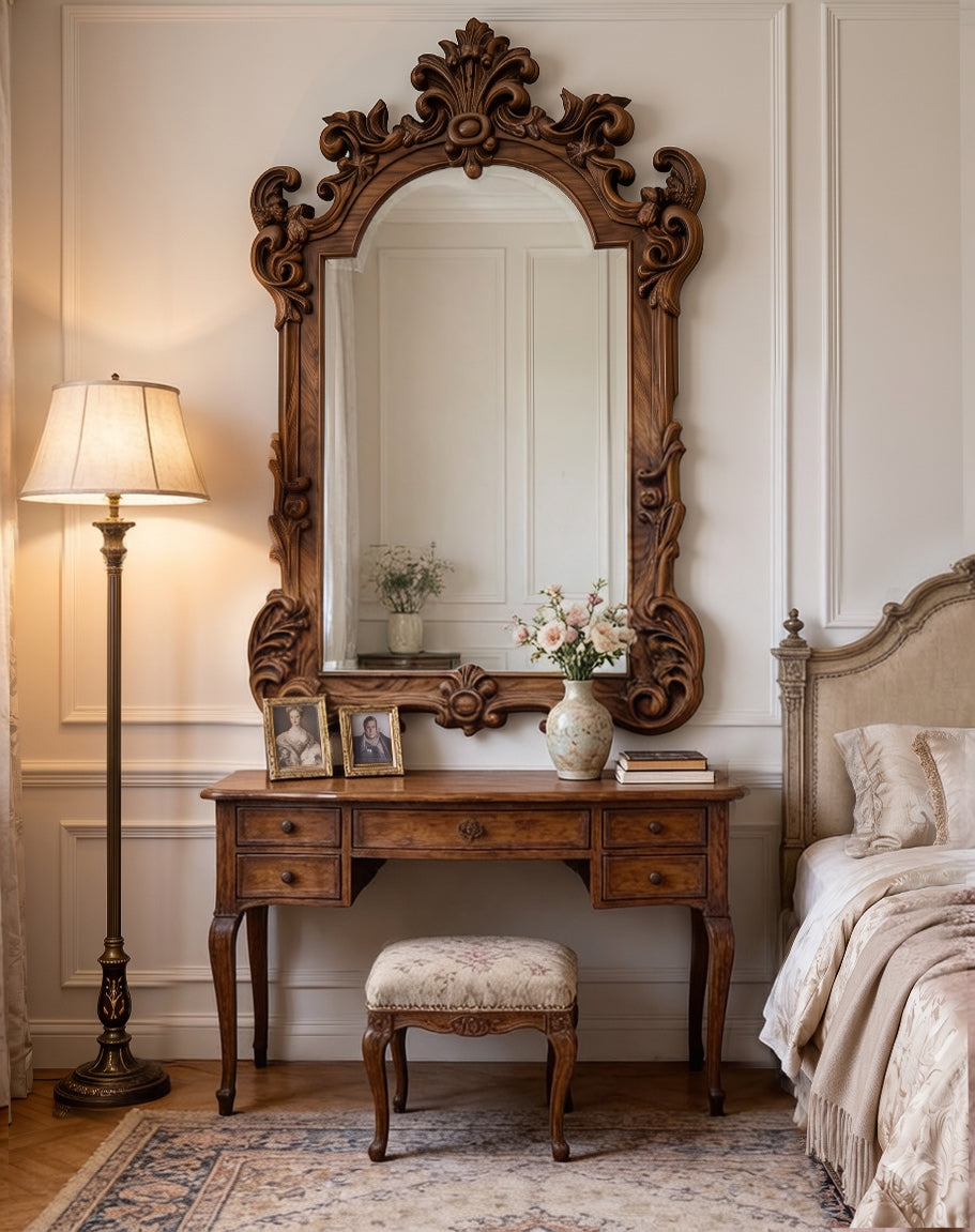 Large Ornate Wooden Wall Mirror – French Baroque Style Vanity Mirror Gizz