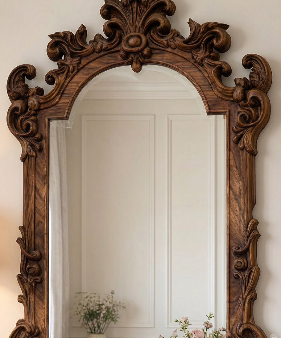 Large Ornate Wooden Wall Mirror – French Baroque Style Vanity Mirror Gizz