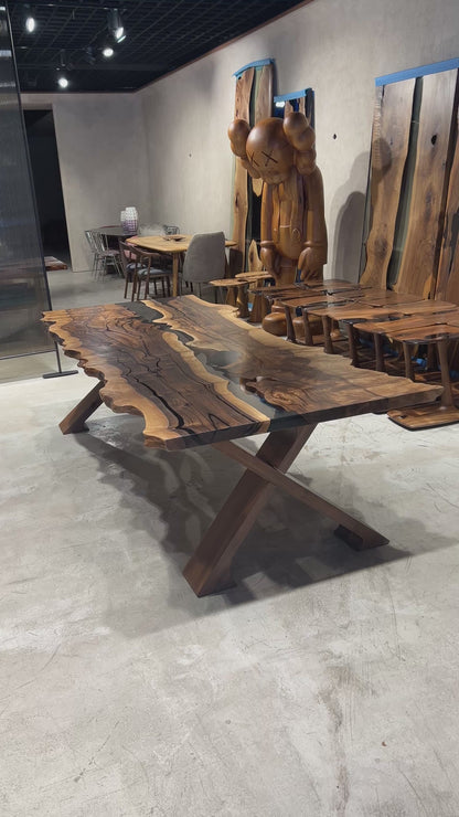 Live Edge Rustic, Epoxy Resin River Dining Room Table Made of Walnut