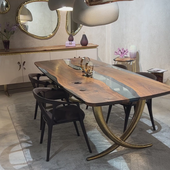 walnut wood dining table with golden legs inspired from ivory