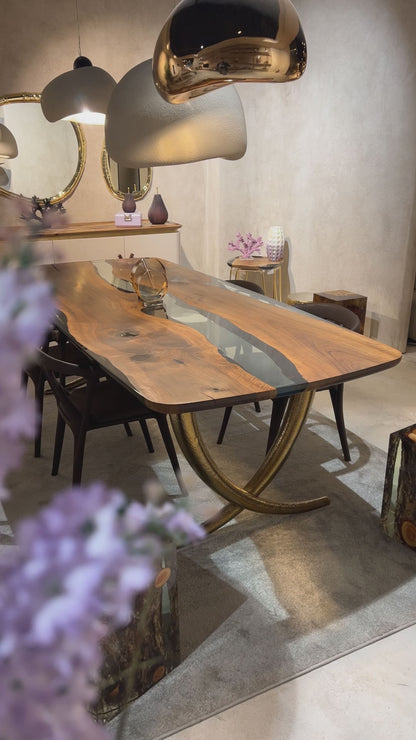 Luxurious Ivory Shaped Legs Epoxy Resin Dining Room Table