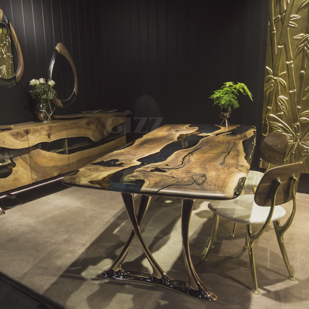 epoxy resin dining table with solid sideboard