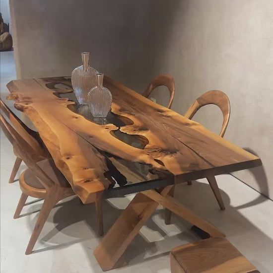 rustic walnut wood clear resin dining table with wooden legs