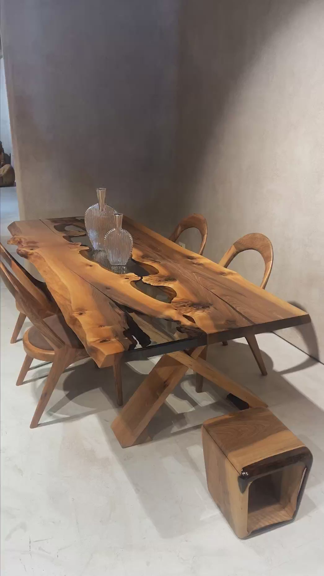 rustic walnut wood clear resin dining table with wooden legs