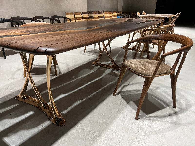 resin dining table and walnut chair
