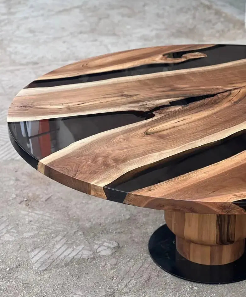 resin dining table with wooden tulip base made of walnut