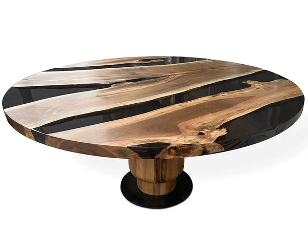 round resin table with wooden tulip base made of walnut