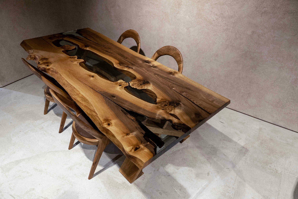 rustic solid walnut wood clear resin dining table 
