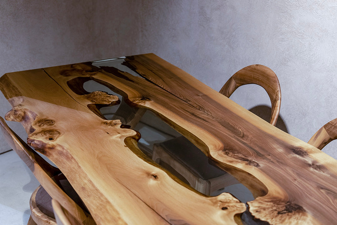 rustic solid walnut wood clear resin dining table detail look at clear resin